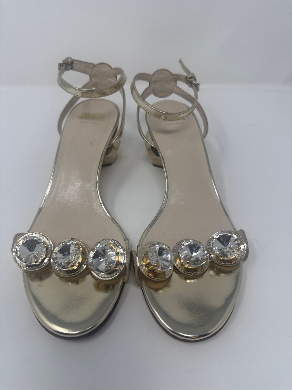 Frances Valentine Gold Crystal-Accent Ankle-Strap Sandals